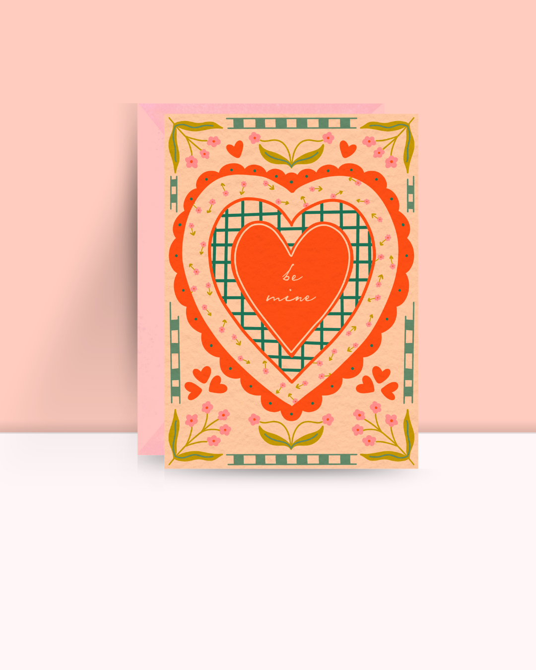 Red Heart Card with Pink Envelope with the words Be Mine in the center set in a vintage style